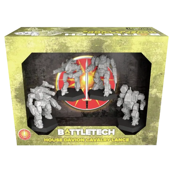 BattleTech House Davion Cavalry Lance box showing four unpainted BattleMech miniatures.