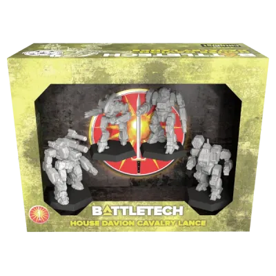 BattleTech House Davion Cavalry Lance box showing four unpainted BattleMech miniatures.