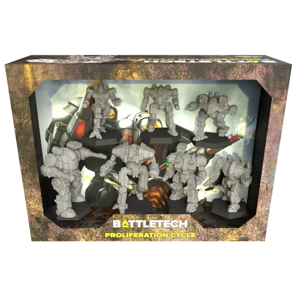 BattleTech Proliferation Cycle Pack box showing seven unpainted early-era BattleMech miniatures.