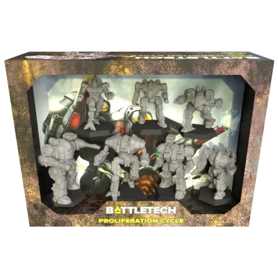 BattleTech Proliferation Cycle Pack box showing seven unpainted early-era BattleMech miniatures.