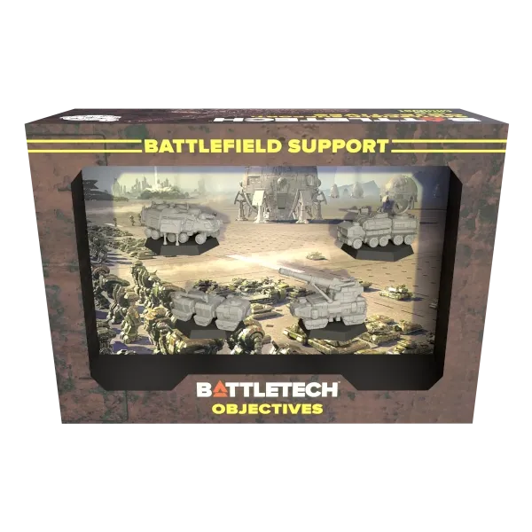 BattleTech Battlefield Support Objectives box showing artillery, command, and support vehicle miniatures.