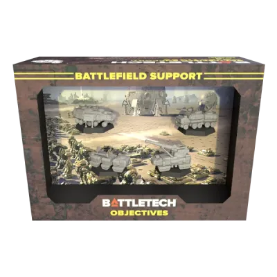 BattleTech Battlefield Support Objectives box showing artillery, command, and support vehicle miniatures.