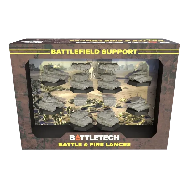 BattleTech Battlefield Support Battle &amp; Fire Lances box showing eight tank and missile carrier miniatures.