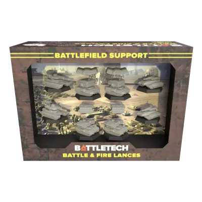 BattleTech Battlefield Support Battle &amp; Fire Lances box showing eight tank and missile carrier miniatures.