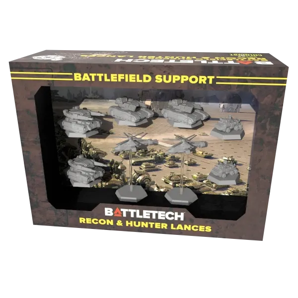 BattleTech Battlefield Support Recon &amp; Hunter Lances box showing tanks, helicopters, and vehicle miniatures.