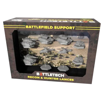 BattleTech Battlefield Support Recon &amp; Hunter Lances box showing tanks, helicopters, and vehicle miniatures.