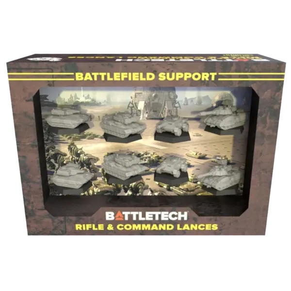 BattleTech Battlefield Support Rifle &amp; Command Lances box showing eight vehicle miniatures.