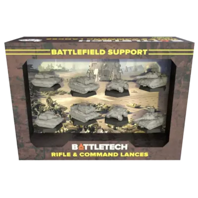 BattleTech Battlefield Support Rifle &amp; Command Lances box showing eight vehicle miniatures.