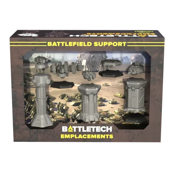 BattleTech Battlefield Support Emplacements box showing five turret emplacement miniatures.