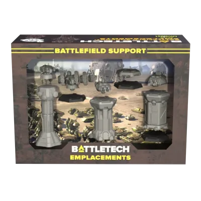 BattleTech Battlefield Support Emplacements box showing five turret emplacement miniatures.