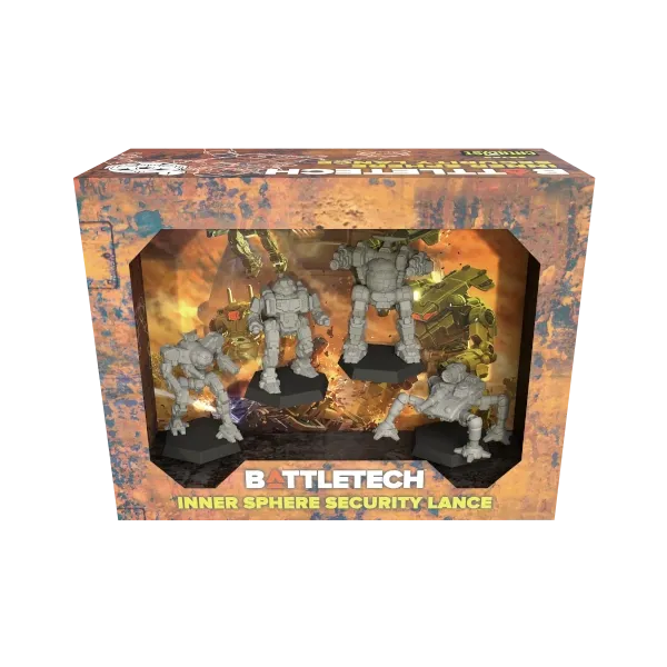 BattleTech Inner Sphere Security Lance box showing four unpainted BattleMech miniatures.