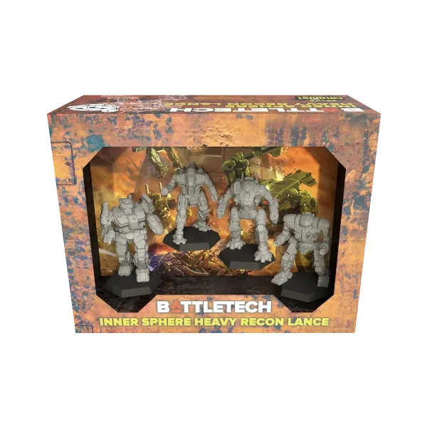 BattleTech Inner Sphere Heavy Recon Lance box showing four unpainted BattleMech miniatures.