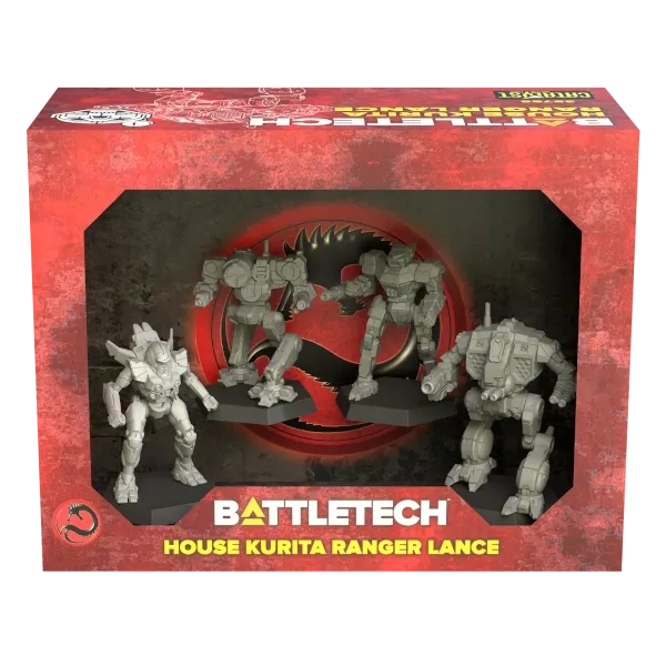 BattleTech House Kurita Ranger Lance box showing four unpainted BattleMech miniatures.