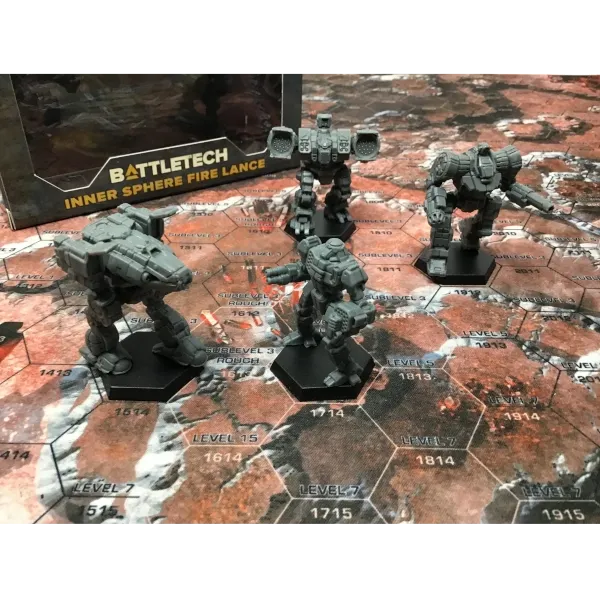 BattleTech Inner Sphere Fire Lance miniatures displayed unpainted on a hex map.