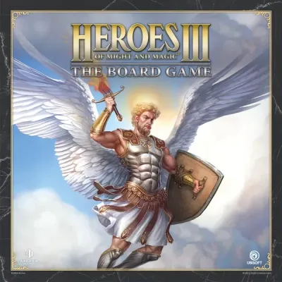 Heroes of Might &amp; Magic III board game box cover showing an angelic warrior with sword and shield.