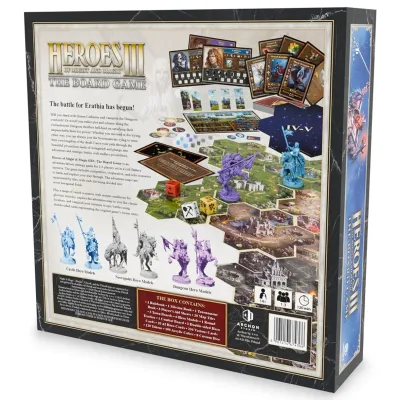 Heroes of Might &amp; Magic III board game box back showing components, map tiles, cards, and miniatures.