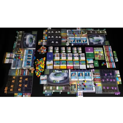 Eleven football manager board game components with club boards, player cards, tokens, and match boards.