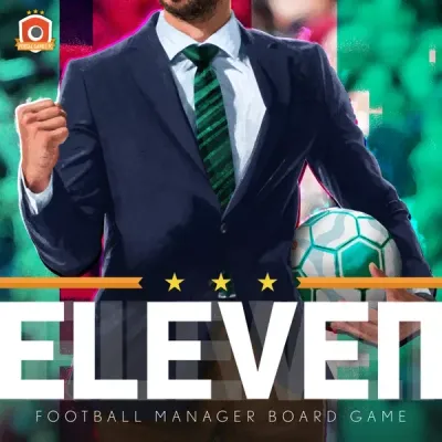 Eleven Football Manager Board Game box cover showing a football manager holding a ball.