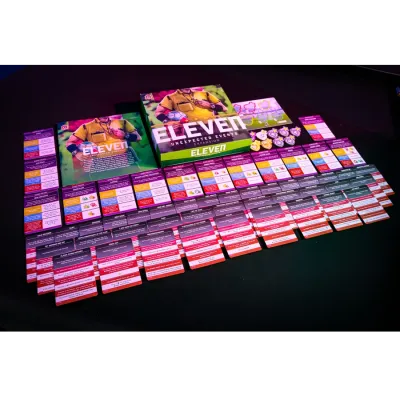 Eleven Unexpected Events expansion components with event cards, reputation tokens, board, and rulebook.