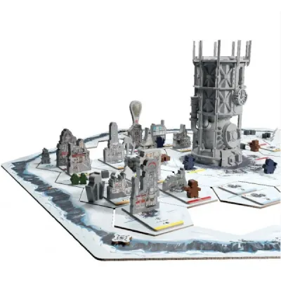 Frostpunk Timber City Expansion wooden building pieces displayed on the game board.