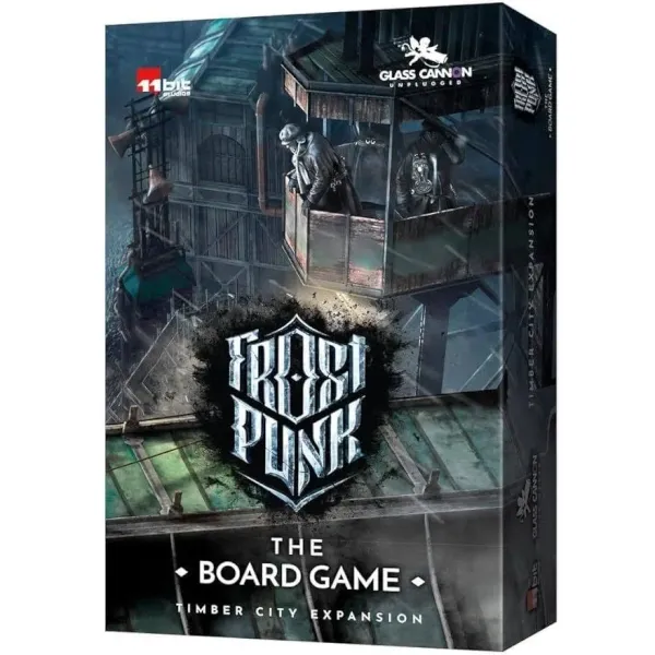Frostpunk: The Board Game Timber City Expansion box with dark industrial city artwork.