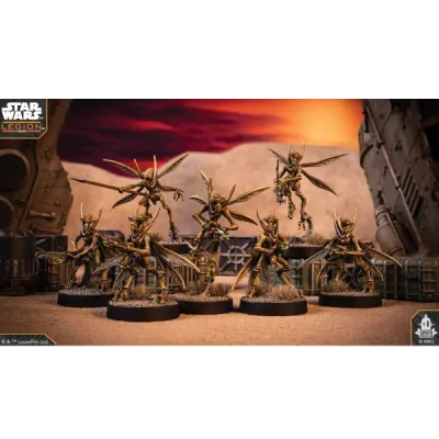 Star Wars: Legion Geonosian Warriors miniatures painted and posed on a desert battlefield.