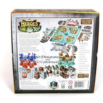 Heroes of Land, Air &amp; Sea box back showing the game board, miniatures, constructs, cards, and components.