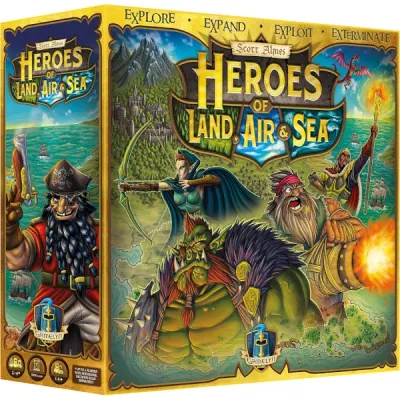 Heroes of Land, Air &amp; Sea box cover showing fantasy factions across land, air, and sea.