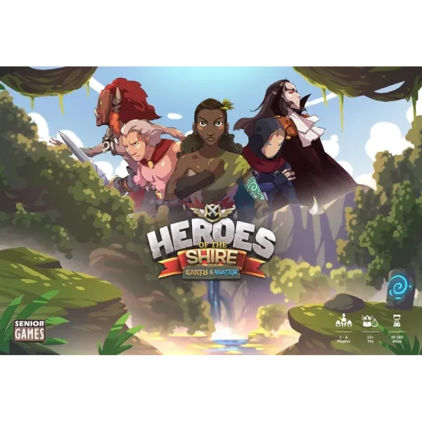 Heroes of the Shire: Earth &amp; Water box cover showing fantasy heroes in a lush landscape.
