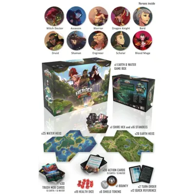 Heroes of the Shire: Earth & Water components showing hero boards, bosses, cards, cubes, tokens, and rulebook.