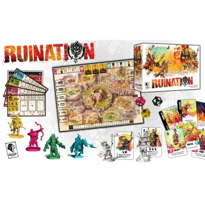 Ruination board game components with map board, miniatures, cards, tokens, and box.