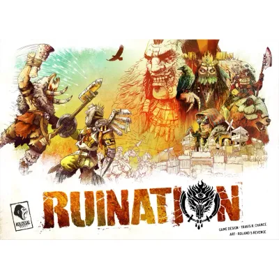 Ruination board game box cover with post-apocalyptic warrior artwork.