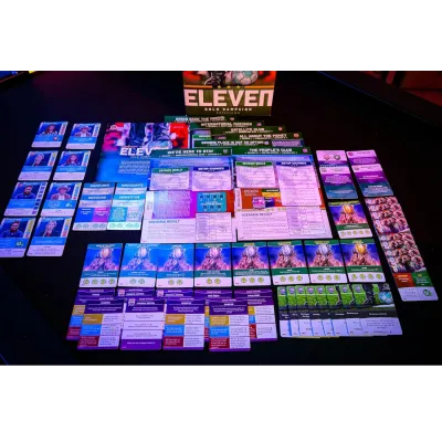 Eleven Stadium expansion components with new cards, boards, and stadium upgrade materials.