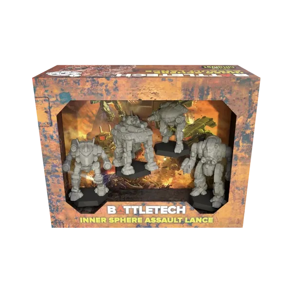 BattleTech Inner Sphere Assault Lance box showing four unpainted BattleMech miniatures.