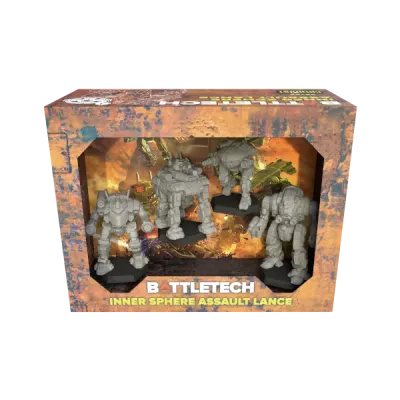 BattleTech Inner Sphere Assault Lance box showing four unpainted BattleMech miniatures.
