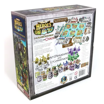 Heroes of Land, Air &amp; Sea: Order and Chaos box back showing the expansion board, miniatures, constructs, and components.