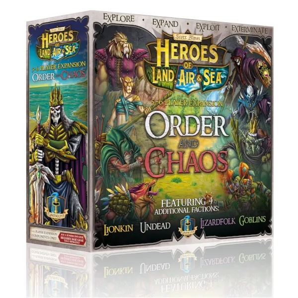 Heroes of Land, Air &amp; Sea: Order and Chaos expansion box showing the four new factions.