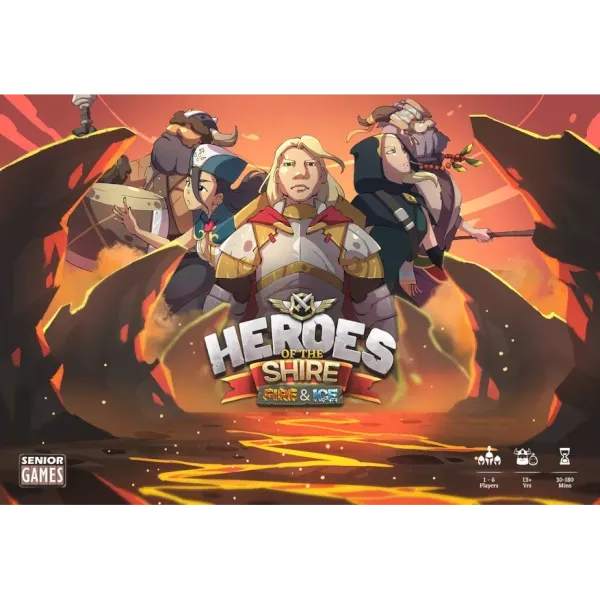 Heroes of the Shire: Fire &amp; Ice box cover showing fantasy heroes in a volcanic landscape.