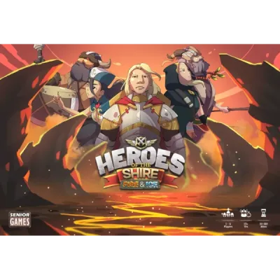 Heroes of the Shire: Fire &amp; Ice box cover showing fantasy heroes in a volcanic landscape.