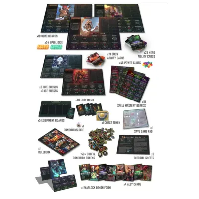 Heroes of the Shire: Fire &amp; Ice components showing hero boards, bosses, cards, cubes, tokens, and rulebook.