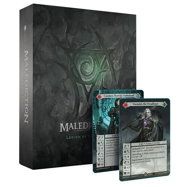 Malediction Legion of the Fallen faction box with two sample unit cards.