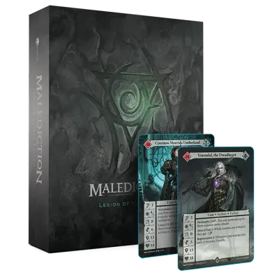 Malediction Legion of the Fallen faction box with two sample unit cards.