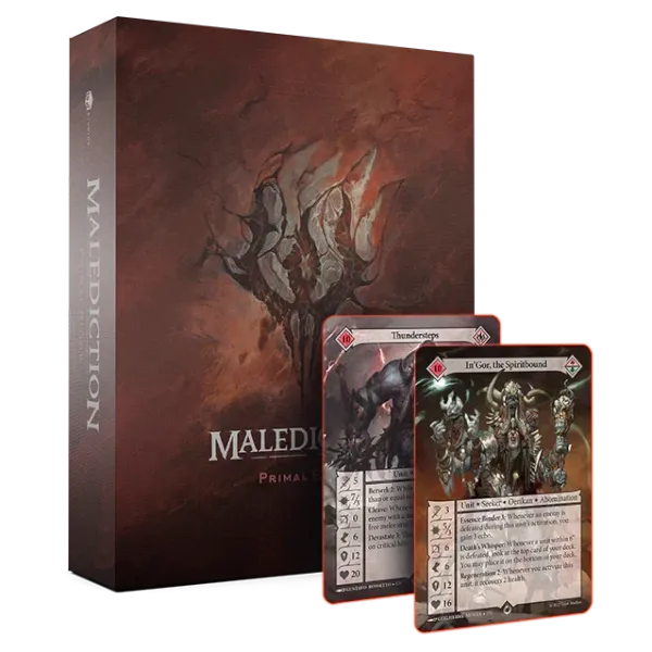Malediction Primal Blood faction box with two sample unit cards.