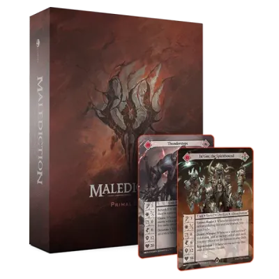 Malediction Primal Blood faction box with two sample unit cards.