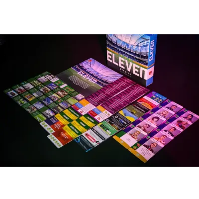 Eleven Stadium expansion components with new cards, boards, and stadium upgrade materials.