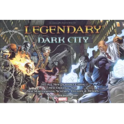 Legendary: Dark City expansion box cover showing Marvel heroes and villains in a dark city scene.