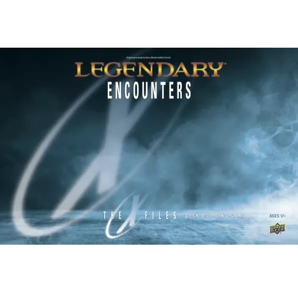 Legendary Encounters: The X-Files deck-building game box cover with a dark blue X-Files themed design.
