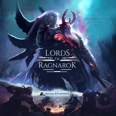Lords of Ragnarok box cover showing a dark mythological giant looming over warriors.