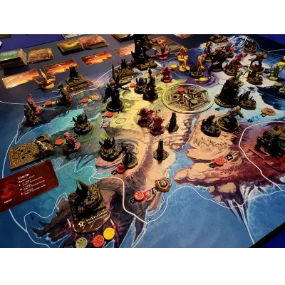 Lords of Ragnarok game board with miniatures, monsters, cards, and tokens in play.