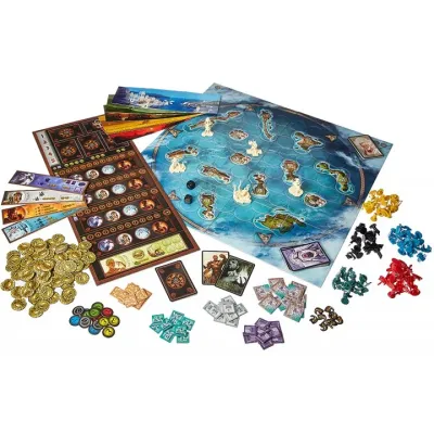 Cyclades board game components with island board, miniatures, cards, tokens, coins, and player screens.